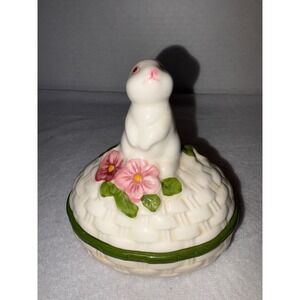 Vintage 1982 Avon Bunny Rabbit Trinket Box Hand Painted Brazil Ceramic Floral